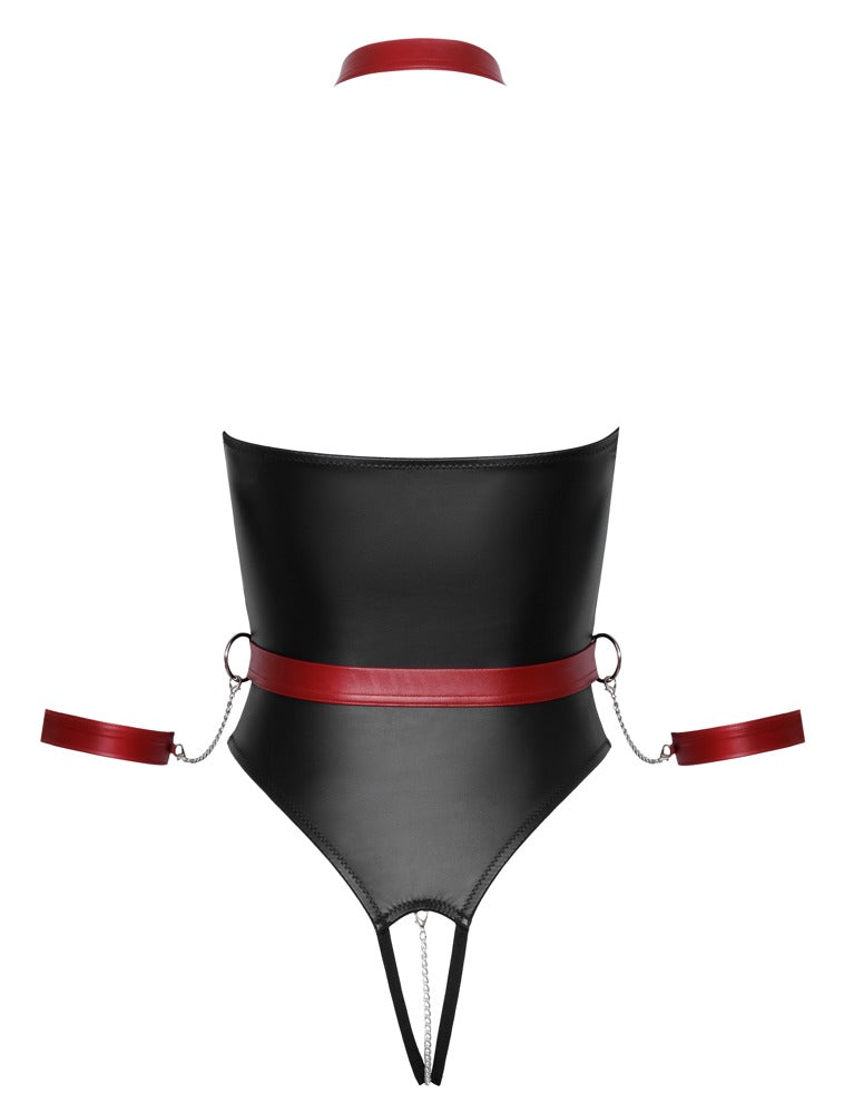 Cottelli BONDAGE Body im schwarzen Mattlook mit rotem Harness Rückansicht