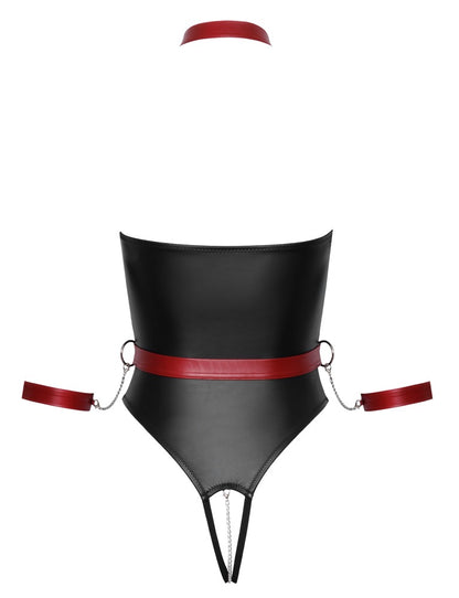 Cottelli BONDAGE Body im schwarzen Mattlook mit rotem Harness Rückansicht