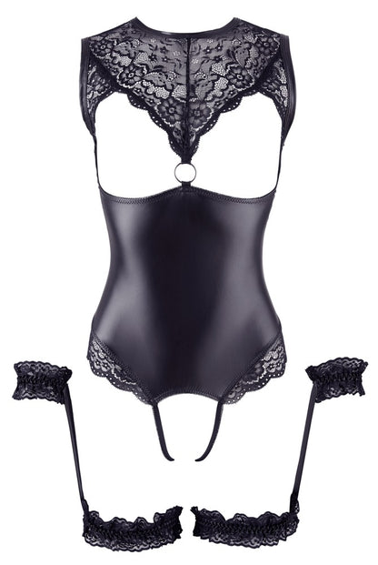 Cottelli BONDAGE Body ouvert in Schwarz mit busenfreiem Design und Spitze Vorderansicht