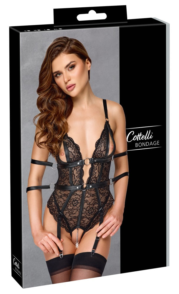 Originalverpackung des Cottelli BONDAGE Body ouvert mit Produktabbildung