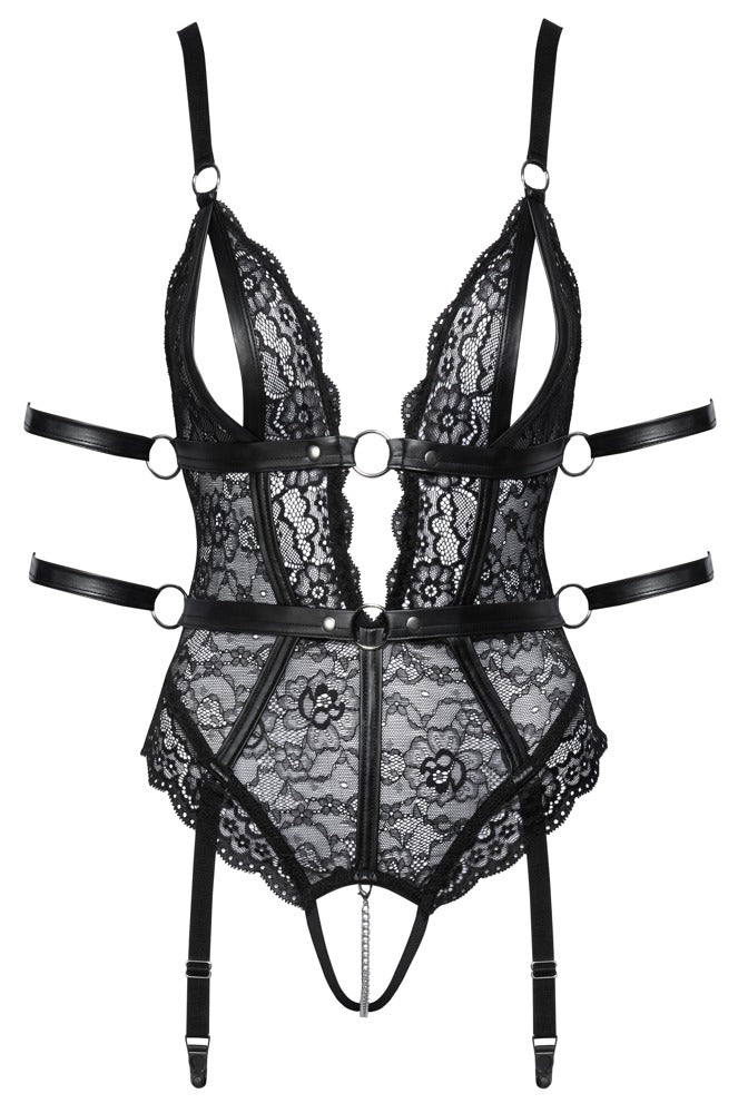Cottelli BONDAGE Body ouvert aus schwarzer Spitze mit Riemendetails in der Vorderansicht