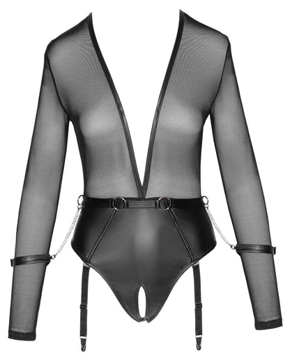 Vorderansicht des Cottelli BONDAGE Bodys aus transparentem Powernet und Mattlook