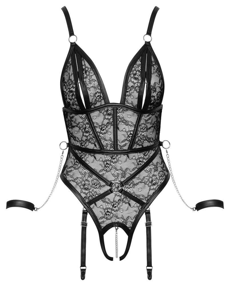 Cottelli BONDAGE Body Produktansicht vorne mit Spitze und Harness-Optik