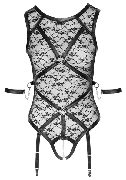 Cottelli BONDAGE Body aus Spitze mit Armfesseln und Schrittkette Vorderansicht