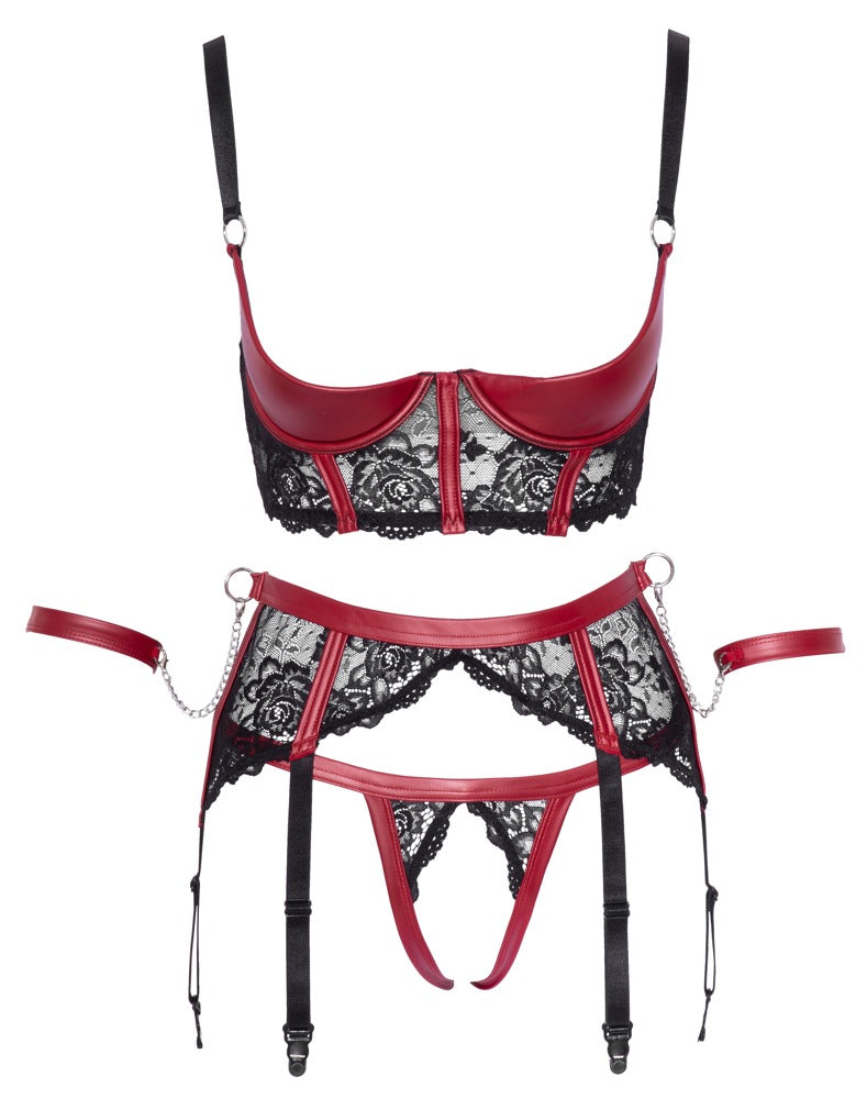 Vorderansicht des Cottelli BONDAGE Hebe-Sets mit Spitze, Strapsgurt und Fesseln