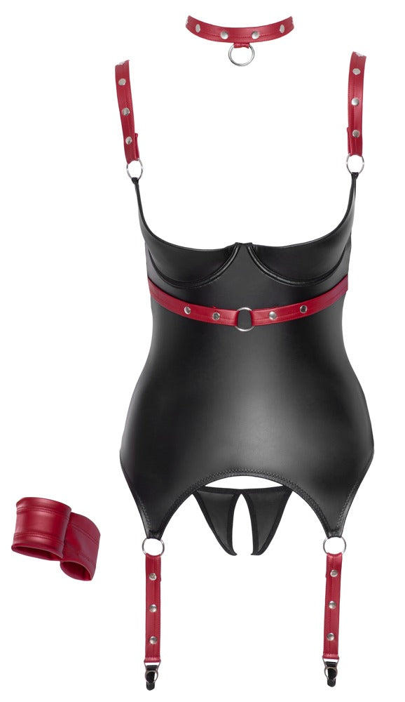 Vorderansicht des Cottelli BONDAGE Ouvert-Sets im schwarzen Mattlook mit roten Details