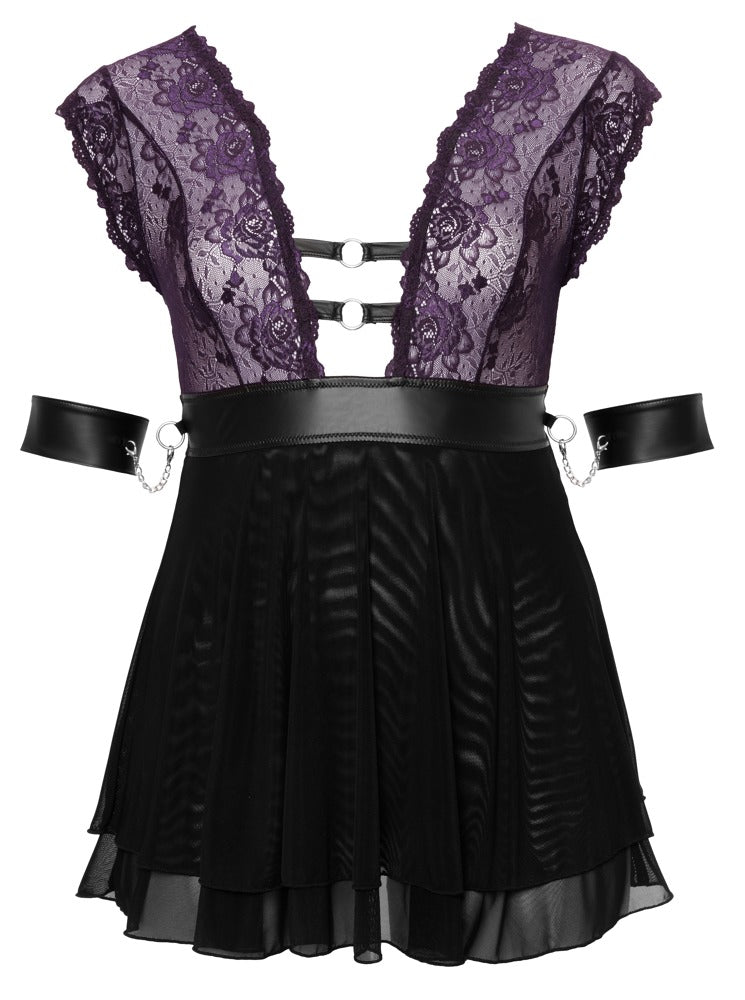 Cottelli BONDAGE Set mit Babydoll, Halsband und Armfesseln in Vorderansicht aus Blütenspitze und Powernet