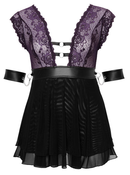 Cottelli BONDAGE Set mit Babydoll, Halsband und Armfesseln in Vorderansicht aus Blütenspitze und Powernet
