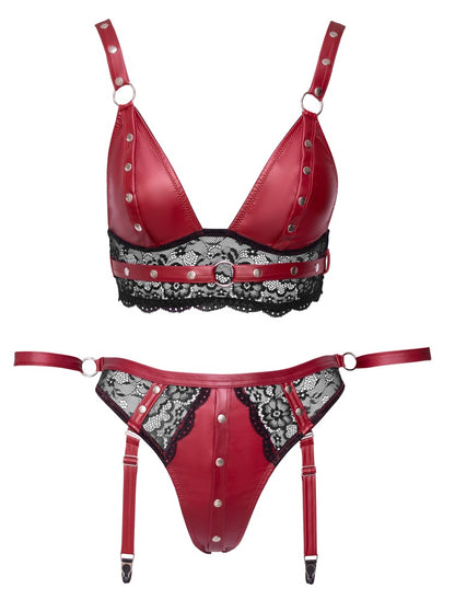Cottelli BONDAGE Set mit Bralette und Straps-Slip in rotem Mattlook mit schwarzer Spitze Vorderansicht