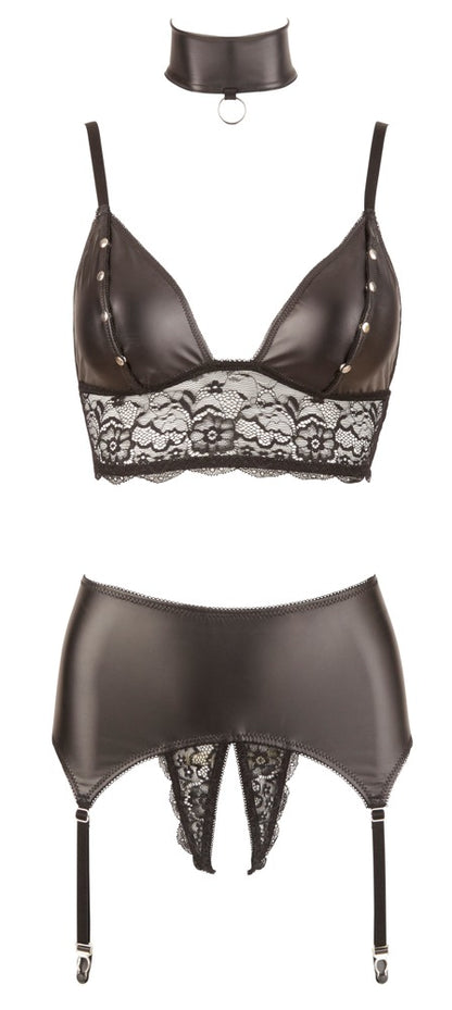 Cottelli BONDAGE Set mit Bralette und offenem Strapsstring im schwarzen Mattlook mit Blütenspitze