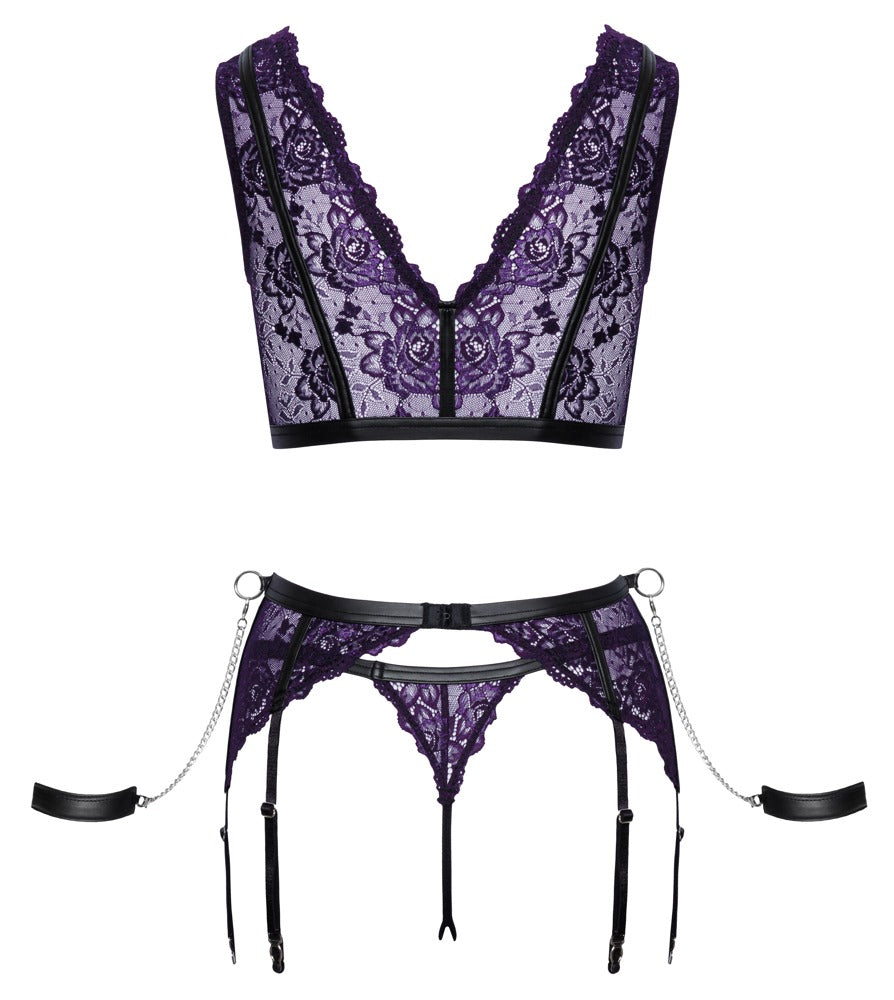 Einzelteile des Cottelli BONDAGE Sets mit Bralette, Strapsgurt, String und Handfesseln