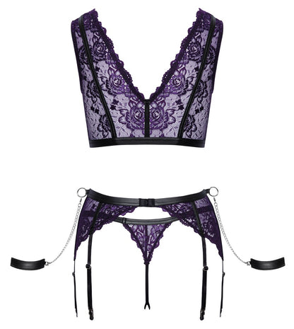 Einzelteile des Cottelli BONDAGE Sets mit Bralette, Strapsgurt, String und Handfesseln