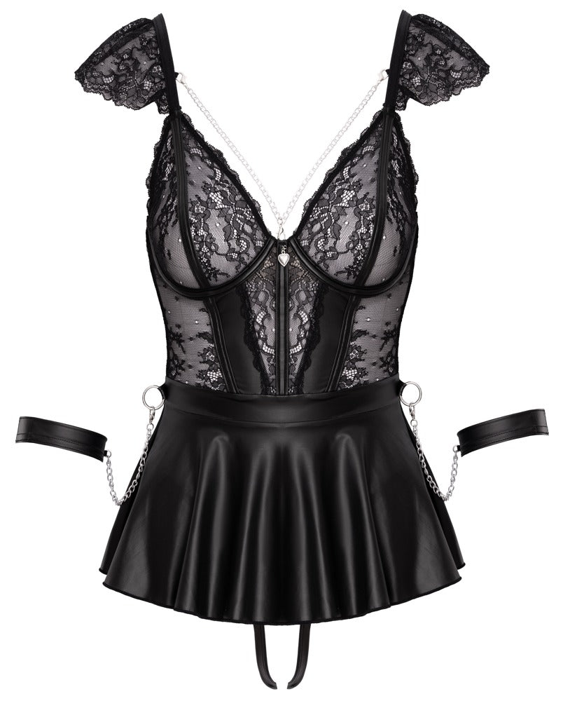 Cottelli BONDAGE Set in schwarzer Wetlook-Optik mit transparenten Spitzeneinsätzen Frontansicht