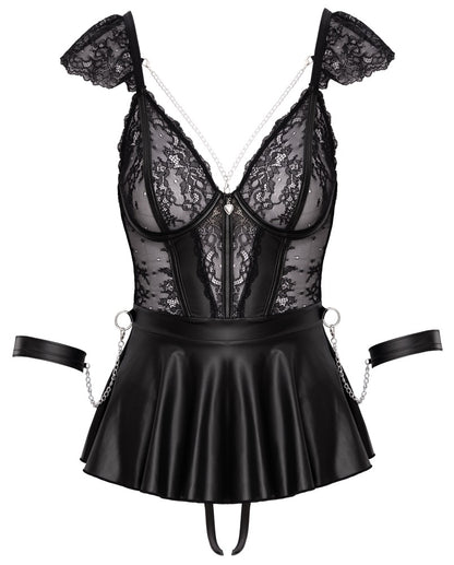 Cottelli BONDAGE Set in schwarzer Wetlook-Optik mit transparenten Spitzeneinsätzen Frontansicht