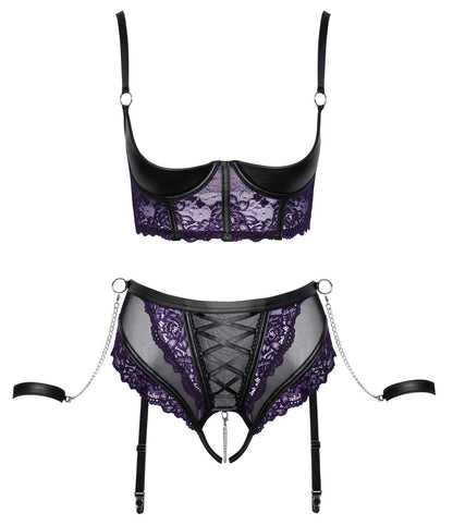 Cottelli BONDAGE Set mit Longline-Hebe, Straps-Slip und abnehmbaren Handfesseln in Produktansicht.