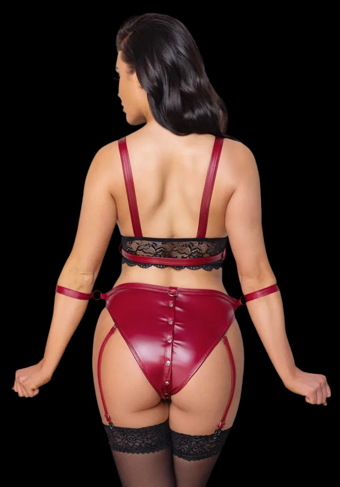 Rückansicht des Cottelli BONDAGE Sets mit rotem Mattlook und abnehmbaren Strumpfhaltern