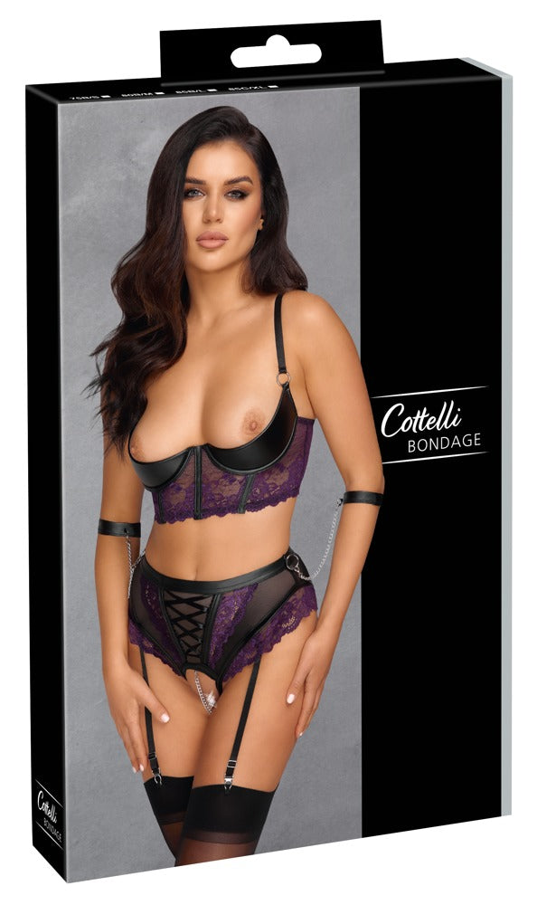 Produktverpackung des Cottelli BONDAGE Sets mit Longline-Hebe, Straps-Slip und Handfesseln.