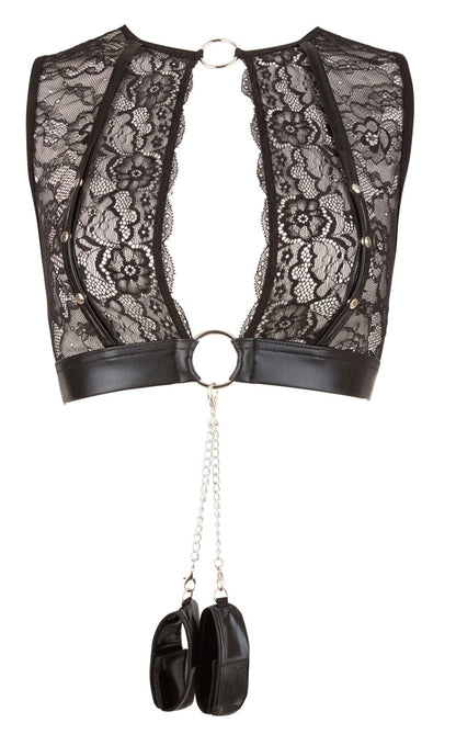 Freigestellte Rückansicht des Cottelli BONDAGE Sets mit schwarzem Wetlook, Spitze und Strapsgurt