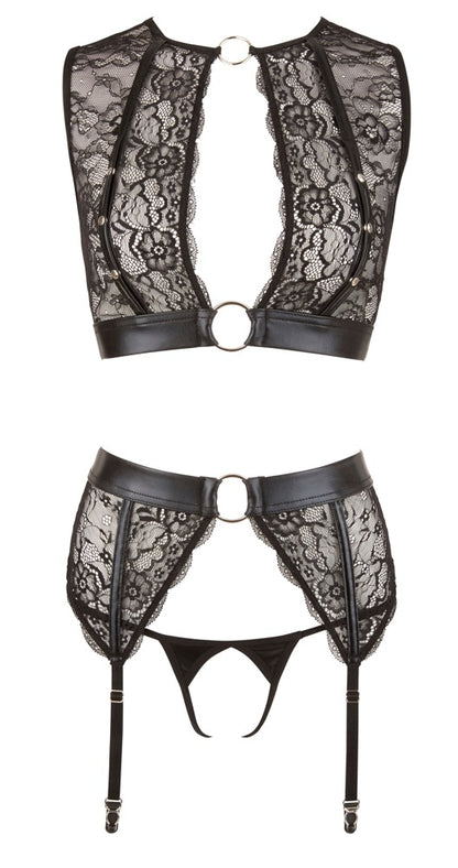 Freigestellte Vorderansicht des Cottelli BONDAGE Sets aus Wetlook und Spitze mit Top, Strapsgurt und String ouvert