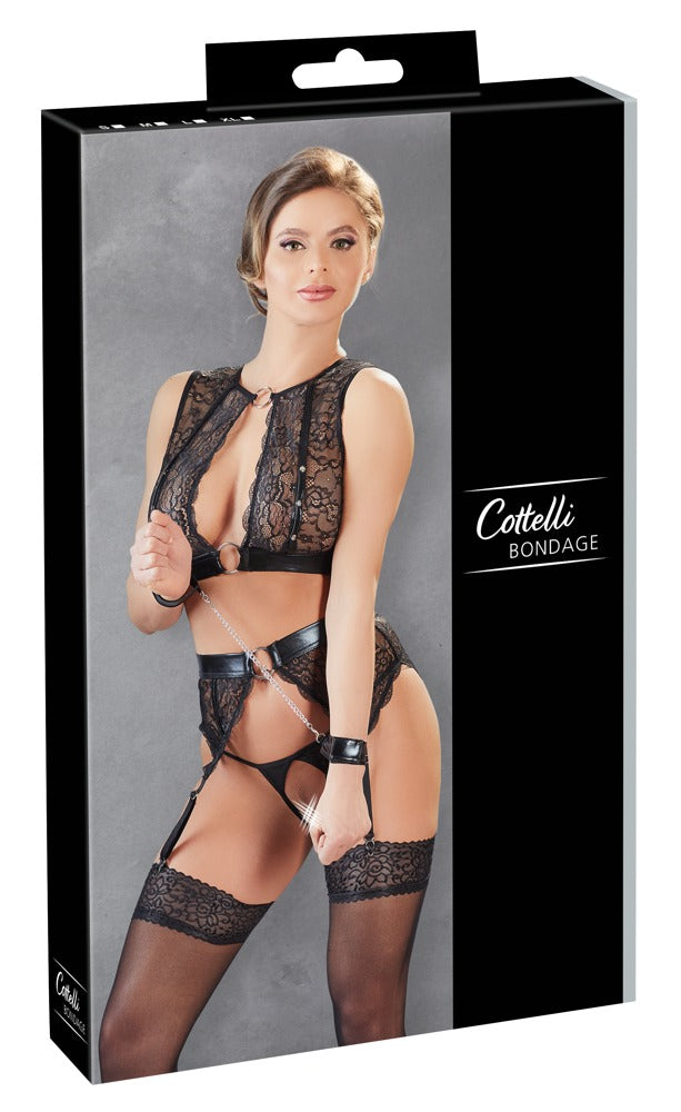 Verpackung des Cottelli BONDAGE Sets aus Wetlook und Spitze mit String ouvert und Handfesseln