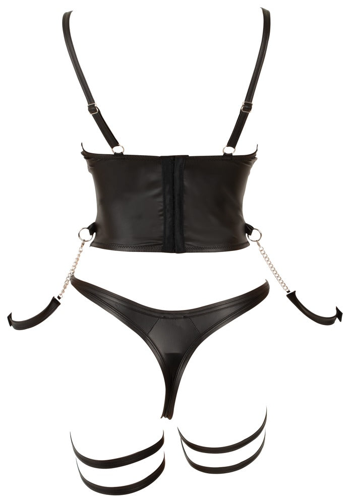 Cottelli BONDAGE Straps-Body in Schwarz mit verstellbaren Trägern, offenem Unterteil und Schenkelriemen von hinten
