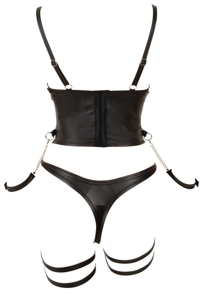 Cottelli BONDAGE Straps-Body in Schwarz mit verstellbaren Trägern, offenem Unterteil und Schenkelriemen von hinten