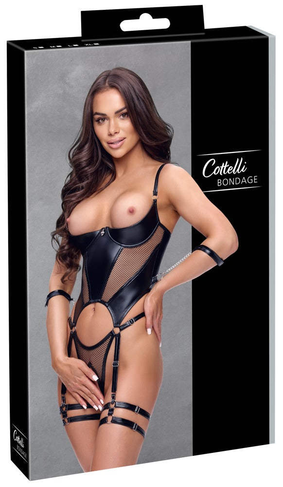Verpackung des Cottelli BONDAGE Straps-Bodys ouvert mit Soft-Armfesseln und schwarzem Harness-Look