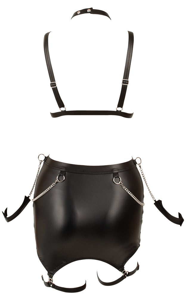 Rückansicht des Cottelli BONDAGE Sets mit Riemen-BH, Straps-Minirock und verstellbaren Riemendetails