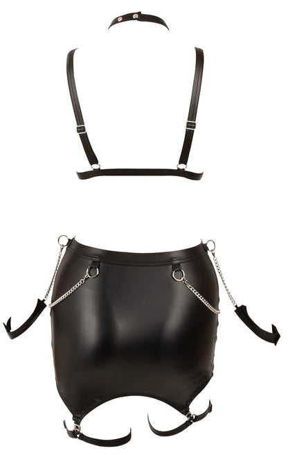 Rückansicht des Cottelli BONDAGE Sets mit Riemen-BH, Straps-Minirock und verstellbaren Riemendetails