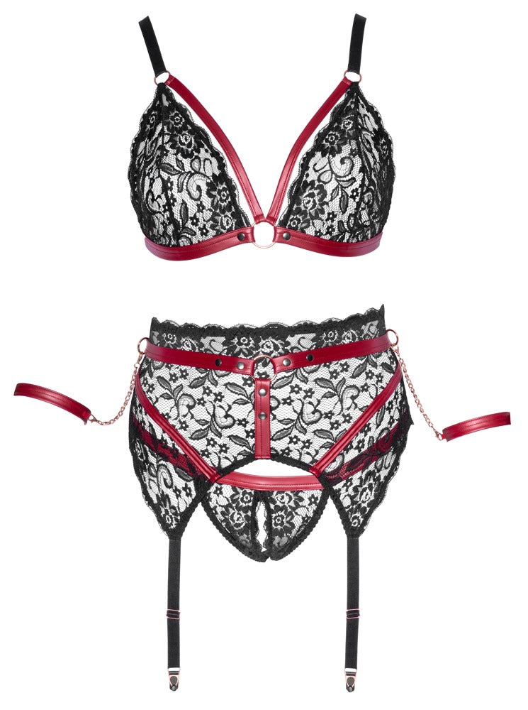 Cottelli BONDAGE Straps-Set aus schwarzer Spitze mit roségoldfarbenen Details und Armfesseln Detailansicht