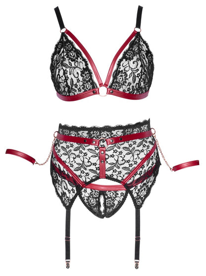 Cottelli BONDAGE Straps-Set aus schwarzer Spitze mit roségoldfarbenen Details und Armfesseln Detailansicht