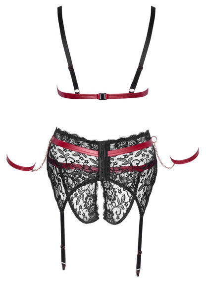 Cottelli BONDAGE Straps-Set Rückansicht mit Strapsgurt schwarzer Spitze und roségoldfarbenen Elementen