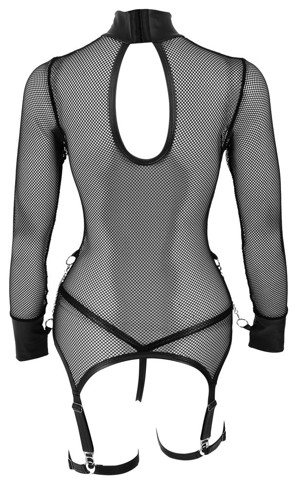 Cottelli BONDAGE Langarm-Strapshemd aus schwarzem Netz mit rundem Rückenausschnitt, Strapsen und Schenkelriemen von hinten
