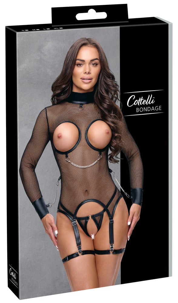 Verpackung des Cottelli BONDAGE Strapshemd-Sets mit busenfreiem Netz-Strapshemd und Ouvert-String