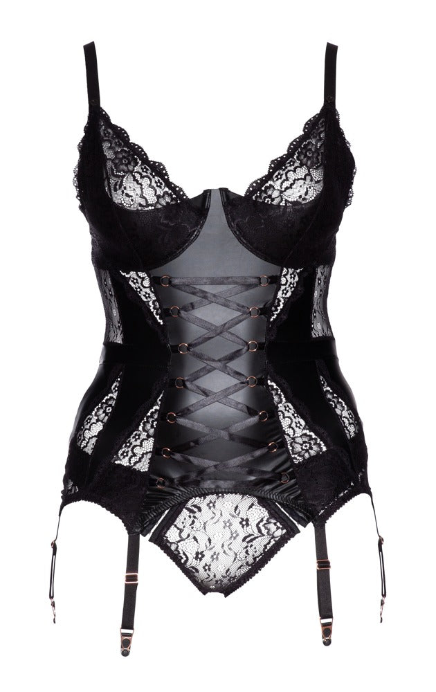 Cottelli BONDAGE Strapshemd und Slip in schwarzem Mattlook mit Spitze Vorderansicht