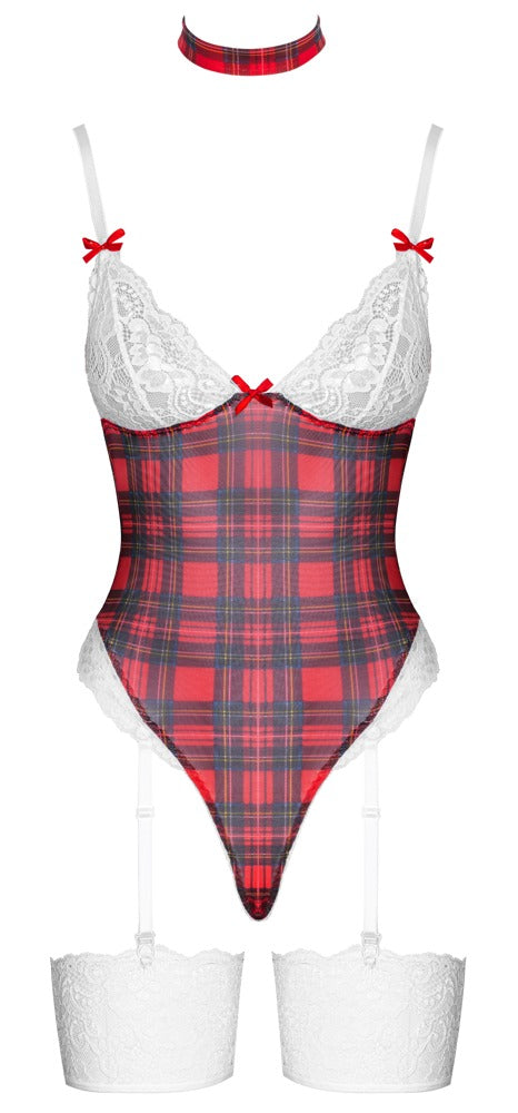 Cottelli COSTUMES Body im rot karierten Karo-Look mit weißen Spitzen-Cups in freigestellter Vorderansicht