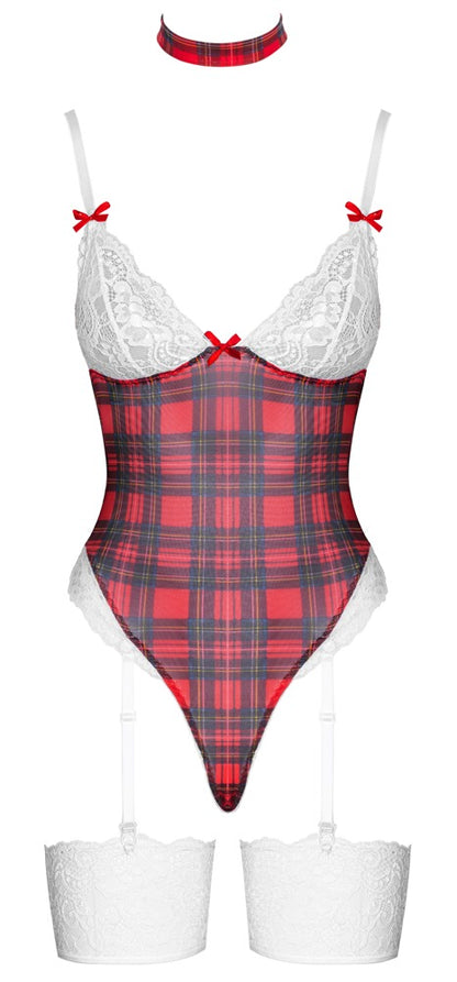 Cottelli COSTUMES Body im rot karierten Karo-Look mit weißen Spitzen-Cups in freigestellter Vorderansicht