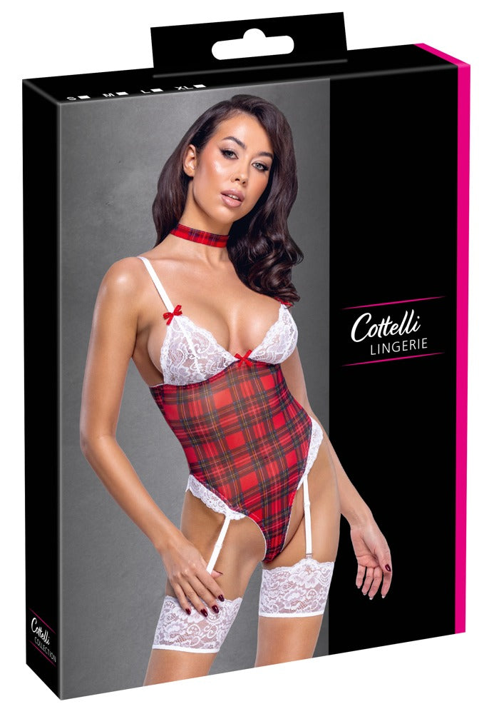 Verpackung des Cottelli COSTUMES Bodys im Karo-Look mit Straps-Body und Halsband