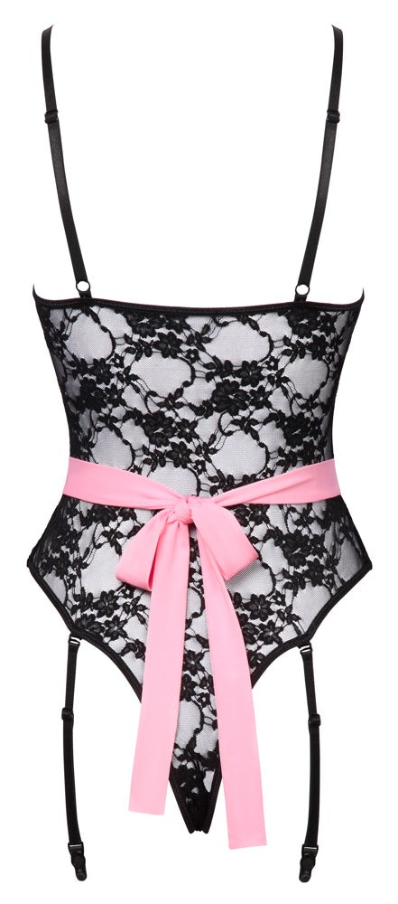 Rückansicht des Cottelli COSTUMES Straps-Riobody ouvert aus schwarzer Spitze mit rosafarbener Schürze