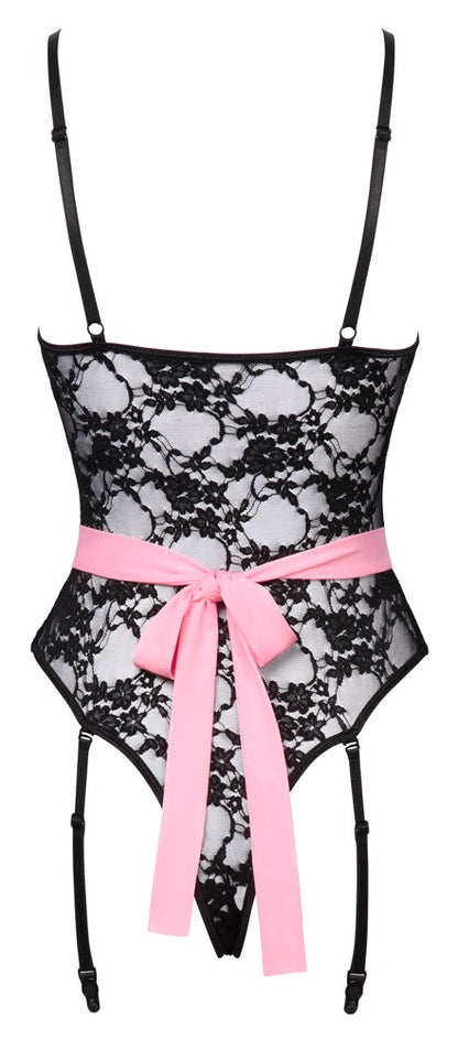 Rückansicht des Cottelli COSTUMES Straps-Riobody ouvert aus schwarzer Spitze mit rosafarbener Schürze