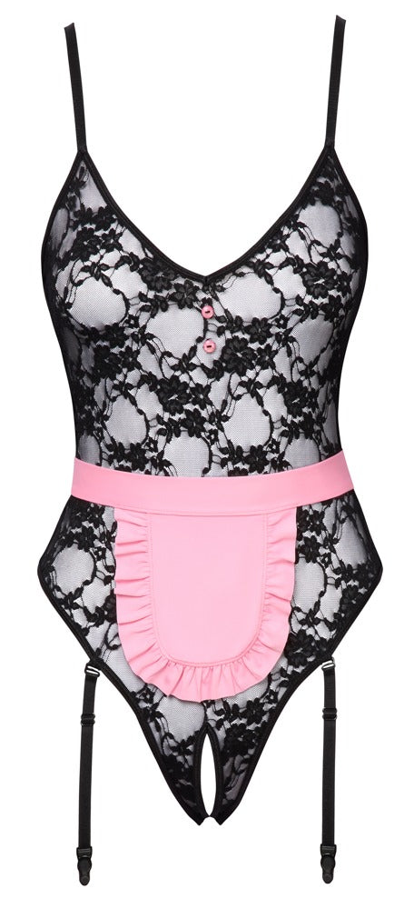 Cottelli COSTUMES Dienstmädchen-Kostüm als schwarzer Straps-Riobody aus Spitze mit rosa Schürze in der Vorderansicht