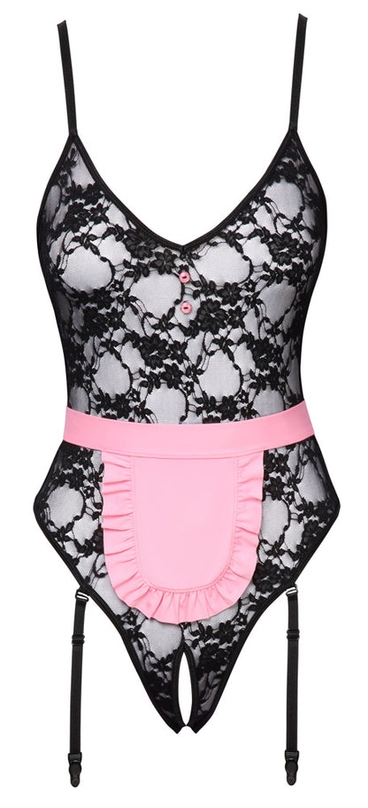 Cottelli COSTUMES Dienstmädchen-Kostüm als schwarzer Straps-Riobody aus Spitze mit rosa Schürze in der Vorderansicht