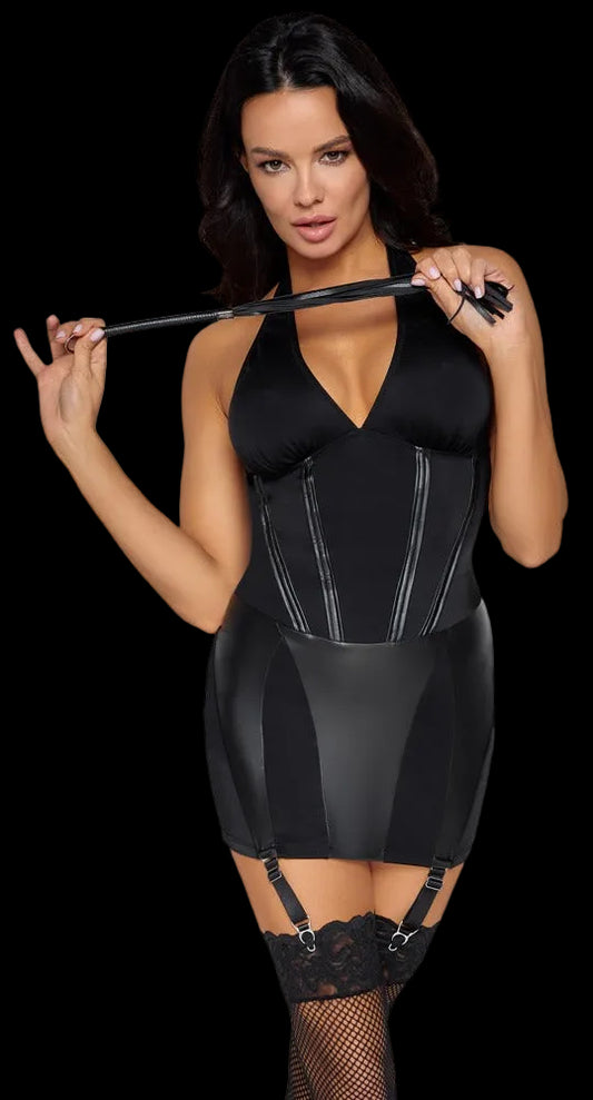 Cottelli COSTUMES Domina-Kostüm aus schwarzem Material mit Schnürung und Peitsche