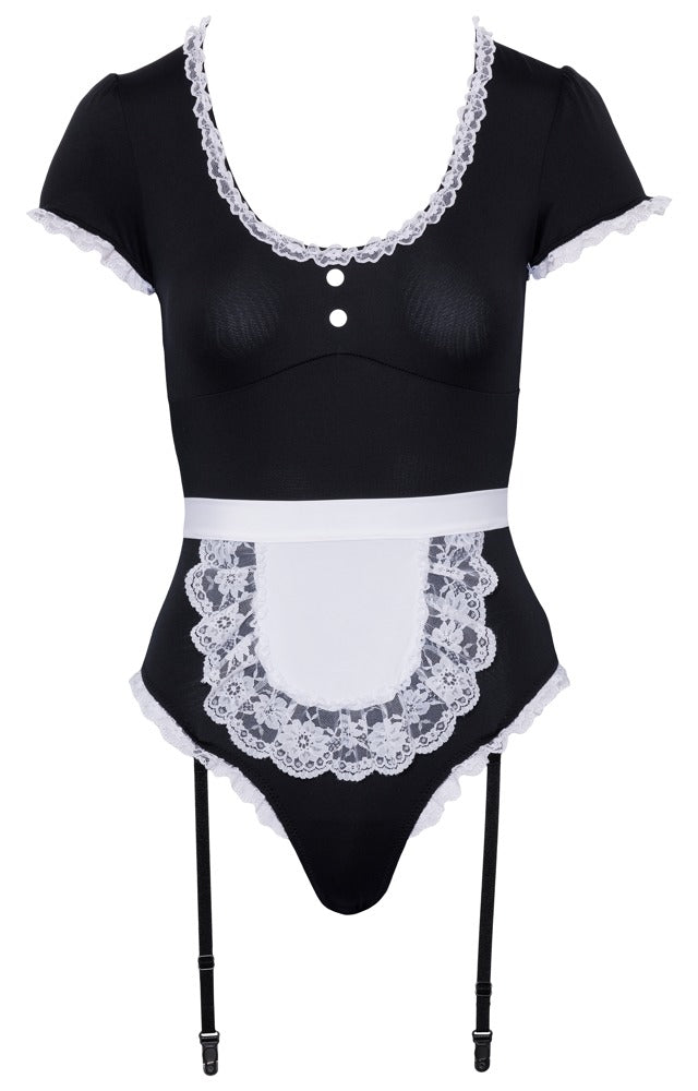 Cottelli COSTUMES Kellnerinnen-Kostüm als schwarzer Straps-Riobody mit weißer Schürze und Spitzenrüschen von vorne