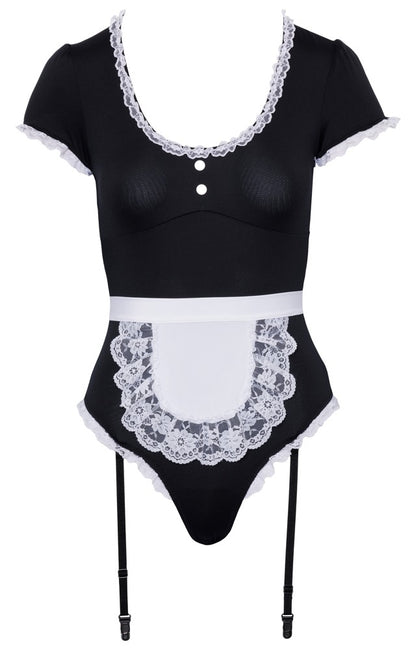 Cottelli COSTUMES Kellnerinnen-Kostüm als schwarzer Straps-Riobody mit weißer Schürze und Spitzenrüschen von vorne