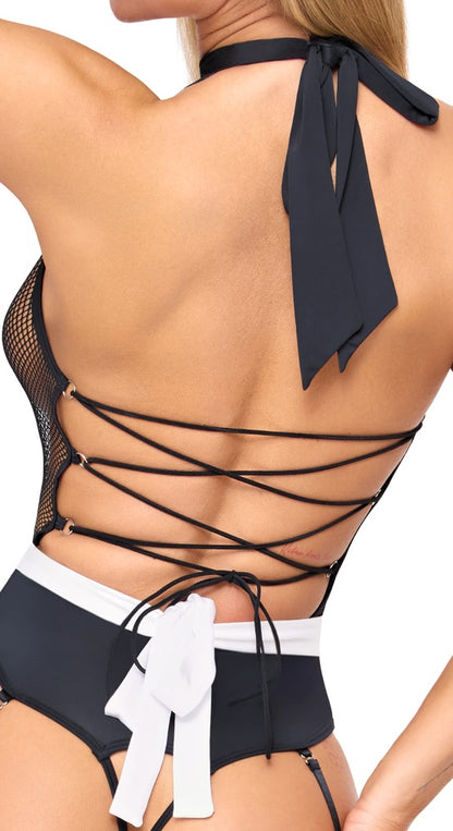 Rückendetail des Cottelli COSTUMES Kellnerinnen-Kostüms mit bindbarem Neckholder und variabler Schnürung