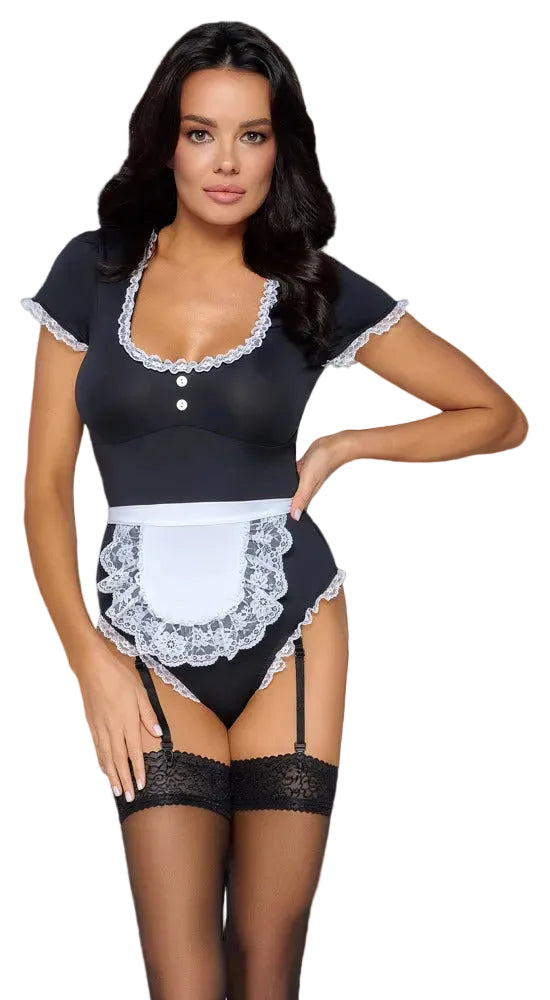 Schwarzes Cottelli COSTUMES Kellnerinnen-Kostüm mit weißer Schürze, halben Ärmeln und hohem Beinausschnitt