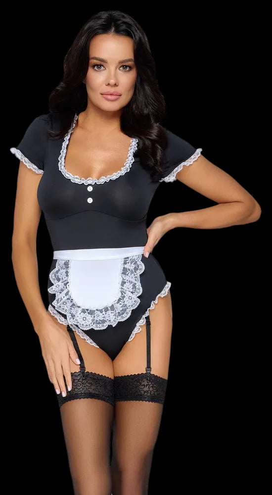 Schwarzes Cottelli COSTUMES Kellnerinnen-Kostüm mit weißer Schürze, halben Ärmeln und hohem Beinausschnitt