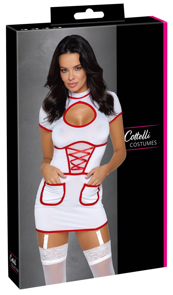 Verpackung des Cottelli COSTUMES Krankenschwester-Kleids im weißen Rollenspiel-Design