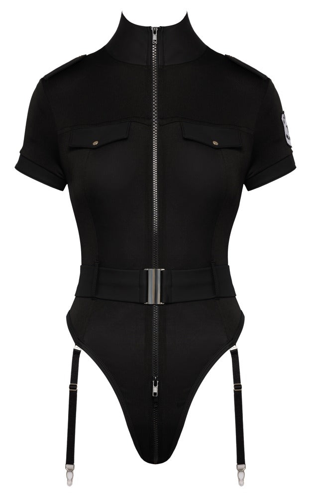 Freigestellte Vorderansicht des Cottelli COSTUMES Polizei-Bodys mit halbem Arm, Gürtel und Strapsen